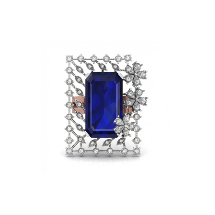 Royal Blue Emerald Cut Halo Diamond Ring
