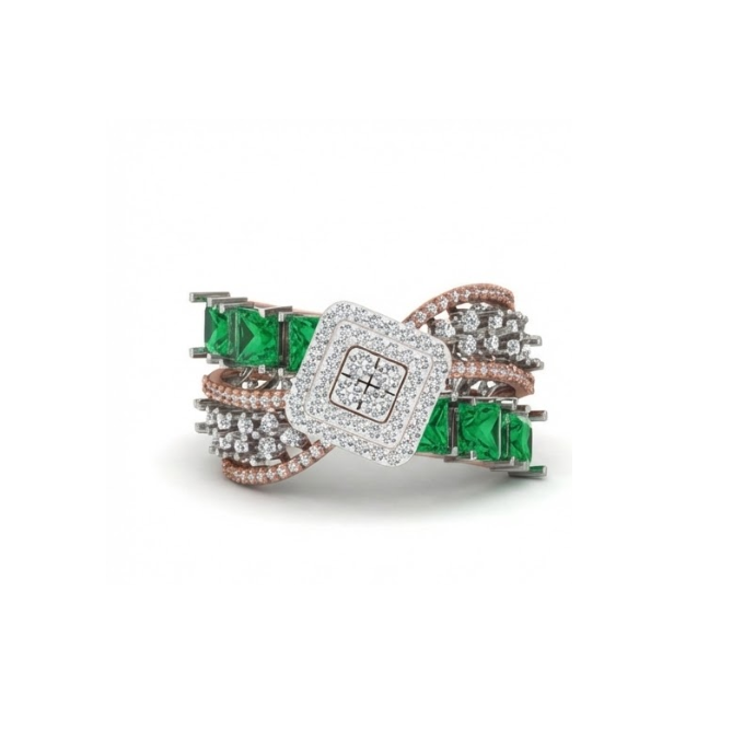 Emerald Accented Square Halo Designer Diamond Ring