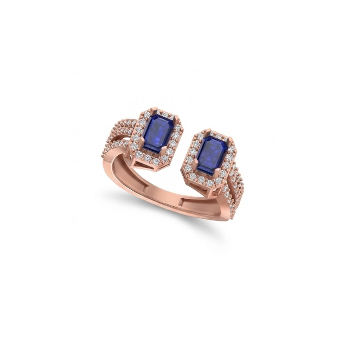 Twin Emerald-Cut Blue Sapphire Halo Ring