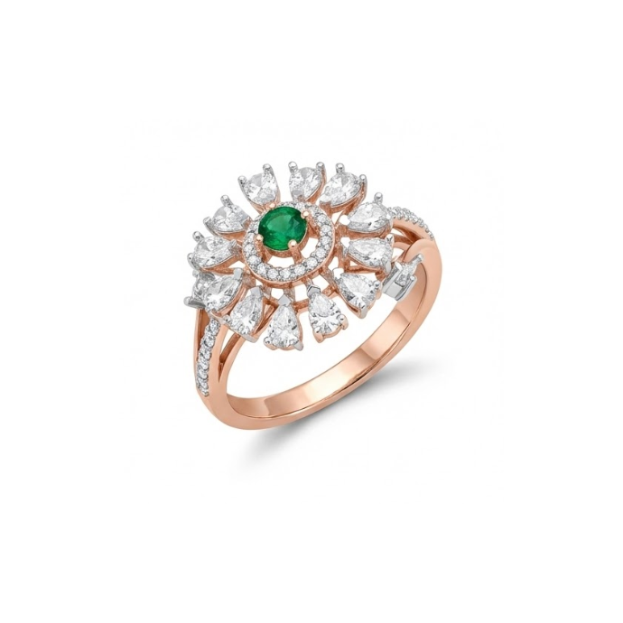 Round Emerald Sunburst Diamond Ring