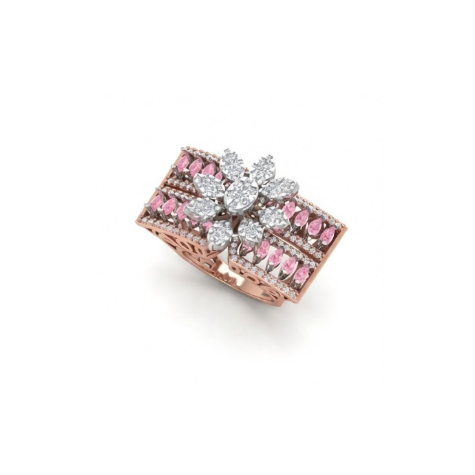 Floral Diamond Ring with Pink Marquise Accents