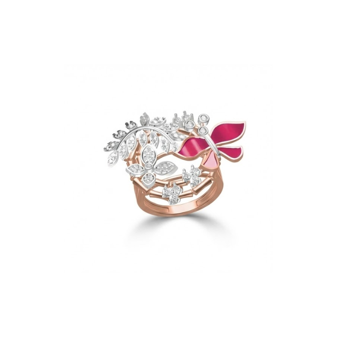 Floral Vine & Ruby Enamel Bow Diamond Ring