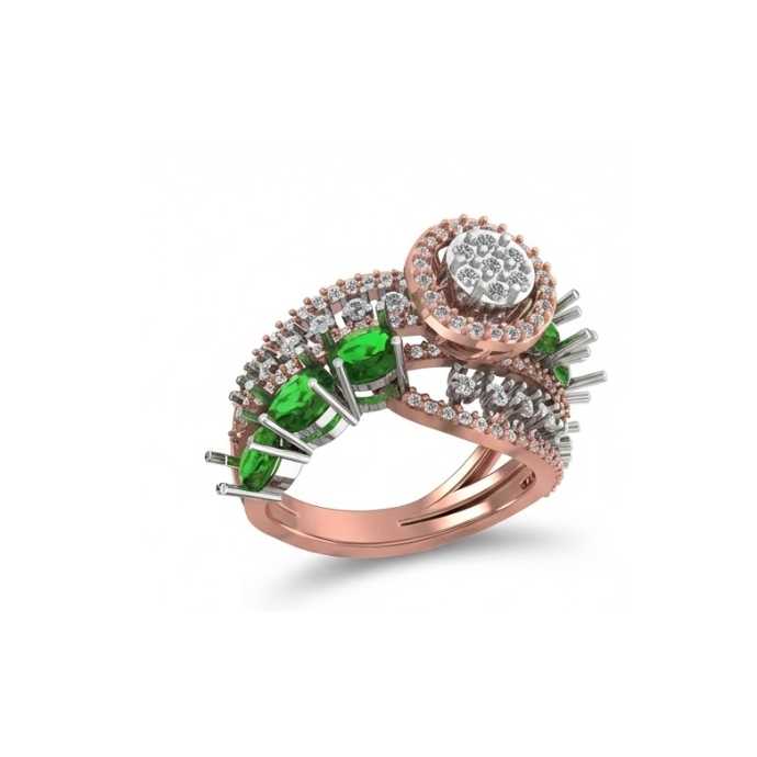 Emerald Cluster Spiral Halo Designer Ring