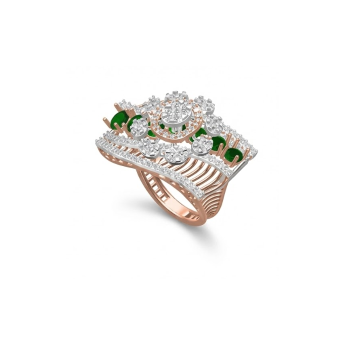 Emerald Accented Multi-Layer Diamond Statement Ring