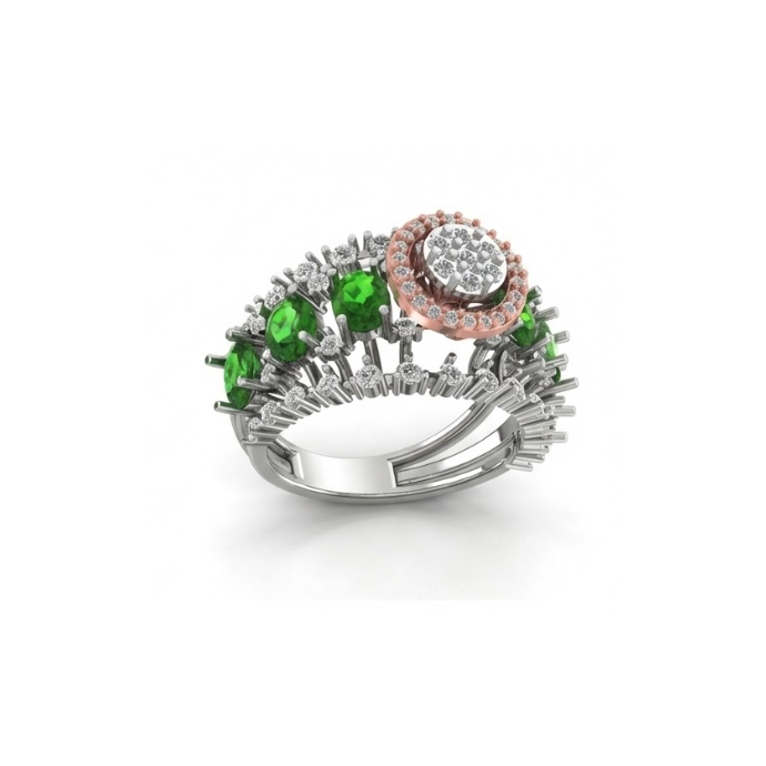 Dual-Tone Emerald Cluster Spiral Halo Ring