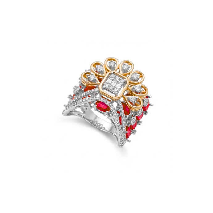 Floral Ruby Fan Diamond Ring