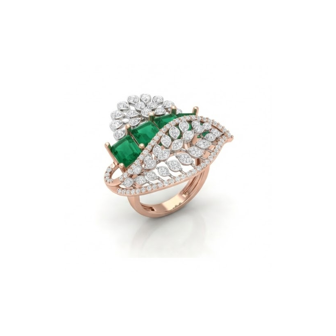 Emerald Accented Wave Diamond Cocktail Ring