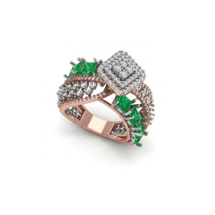 Emerald Accented Square Halo Designer Diamond Ring