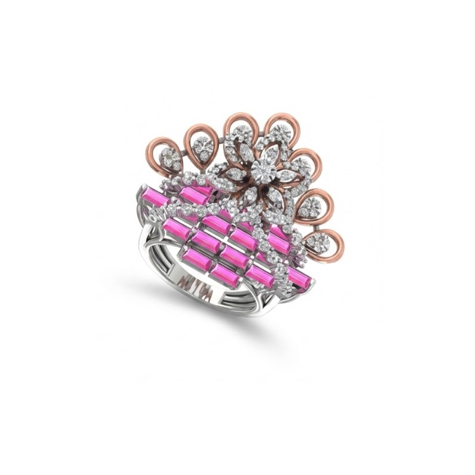 Royal Fan Motif Diamond & Pink Baguette Ring