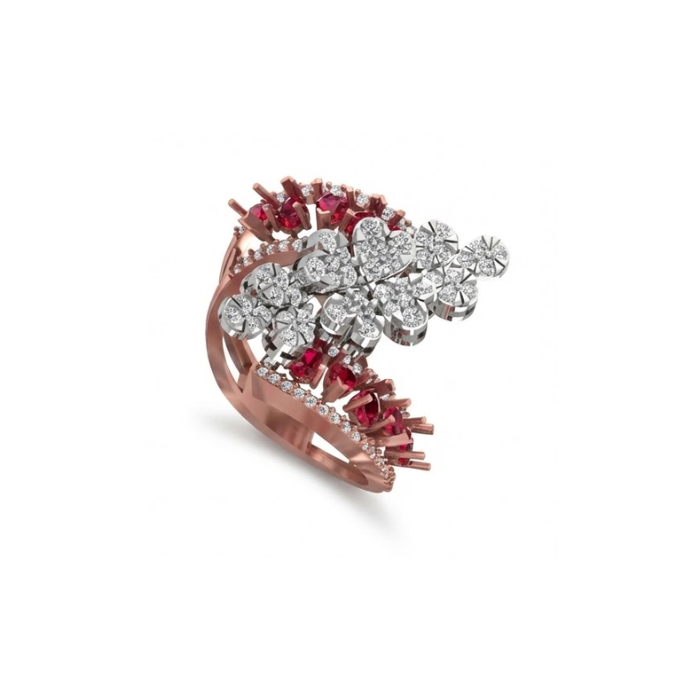 Dual Floral Diamond Ring with Ruby Accents