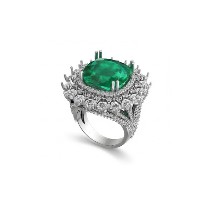 Emerald Cushion Halo Diamond Ring
