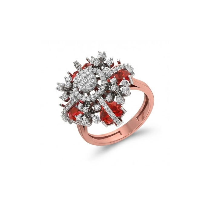 Radiant Floral Burst Diamond & Red Gemstone Ring