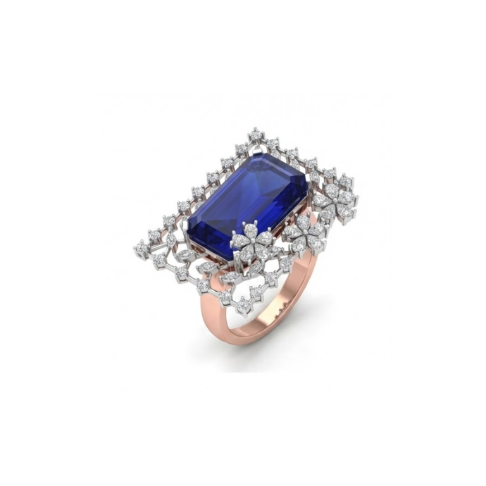 Royal Blue Emerald Cut Halo Diamond Ring