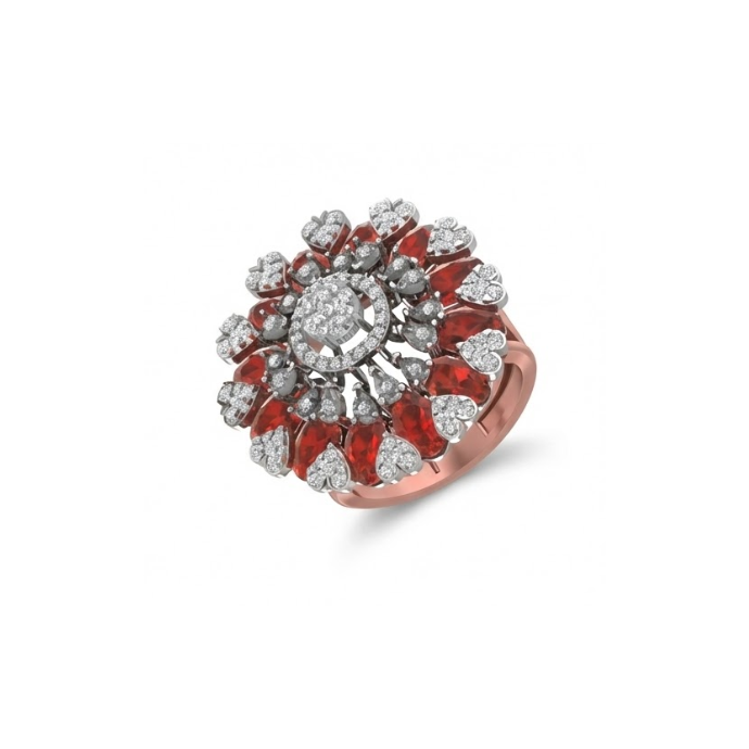 Grand Floral Diamond & Red Gemstone Statement Ring