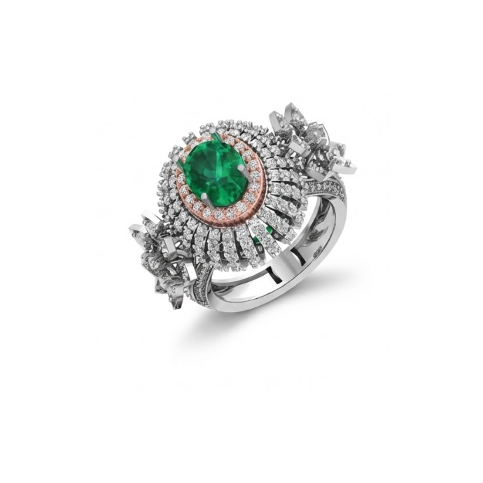 Grand Emerald Floral Halo Diamond Ring