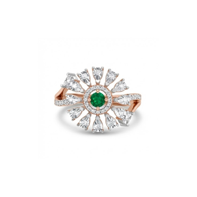 Round Emerald Sunburst Diamond Ring