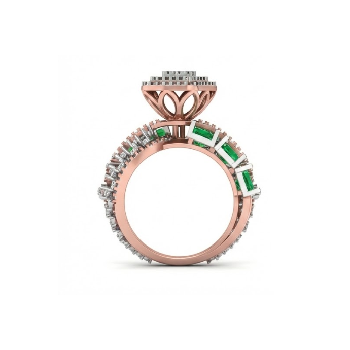 Emerald Accented Square Halo Designer Diamond Ring
