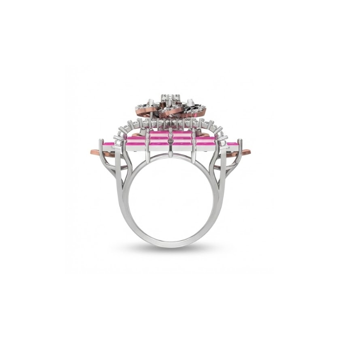 Royal Fan Motif Diamond & Pink Baguette Ring