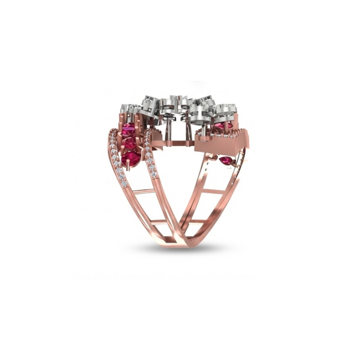 Dual Floral Diamond Ring with Ruby Accents
