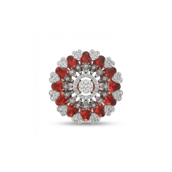 Grand Floral Diamond & Red Gemstone Statement Ring