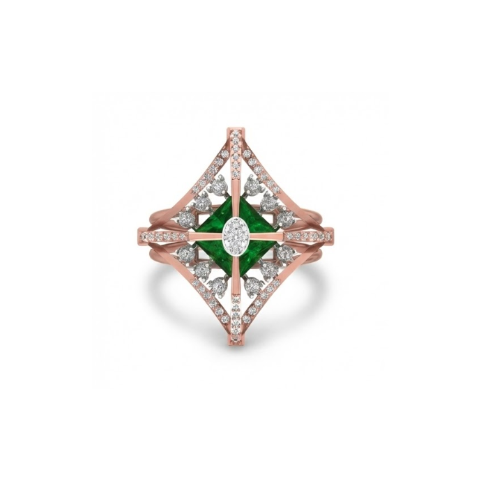 Geometric Emerald Quad Halo Diamond Ring