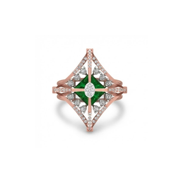 Geometric Emerald Quad Halo Diamond Ring