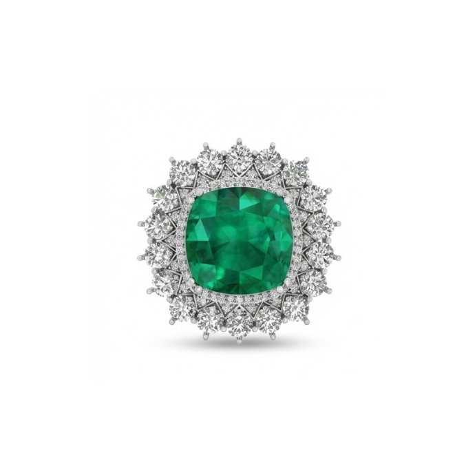 Emerald Cushion Halo Diamond Ring