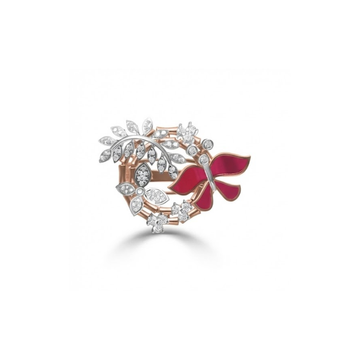 Floral Vine & Ruby Enamel Bow Diamond Ring