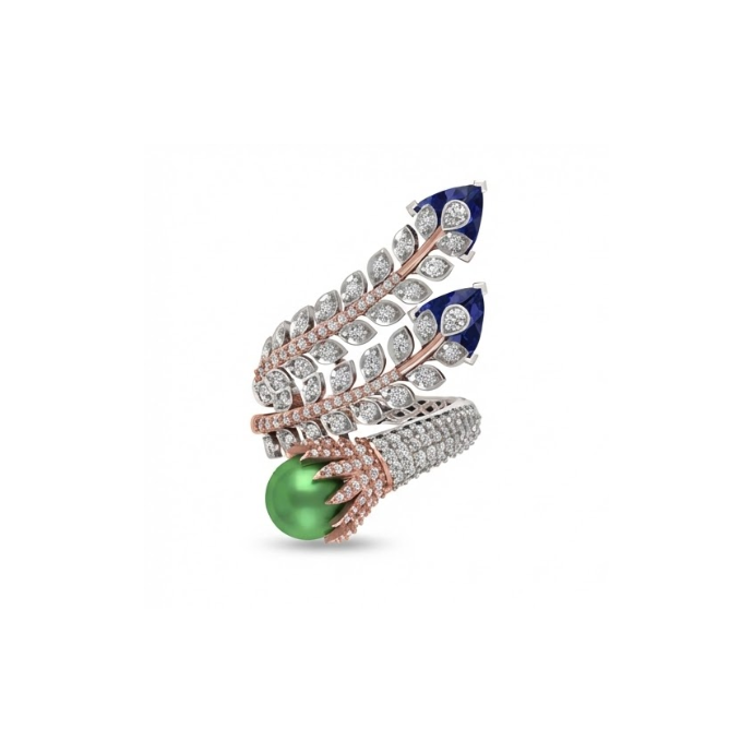 Artistic Feather-Inspired Diamond & Gemstone Cocktail Ring
