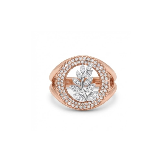Elegant Dual-Halo Leaf Motif Diamond Ring