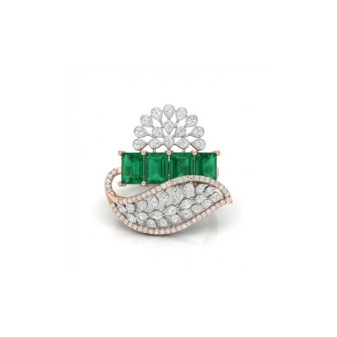 Emerald Accented Wave Diamond Cocktail Ring