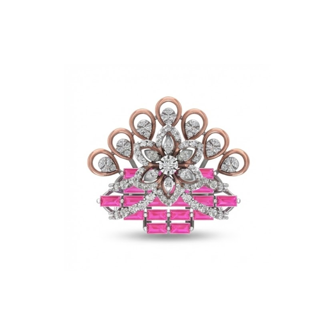 Royal Fan Motif Diamond & Pink Baguette Ring